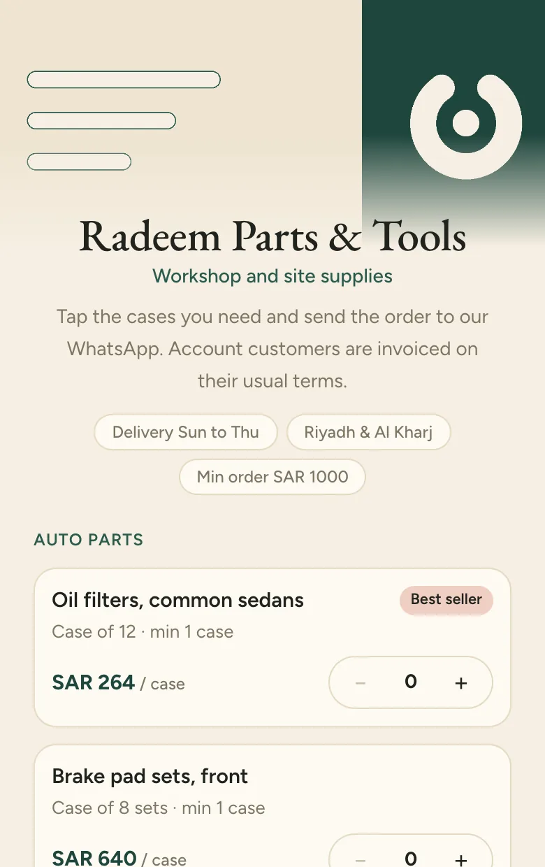 Radeem Parts & Tools is a fictional parts distributor.
